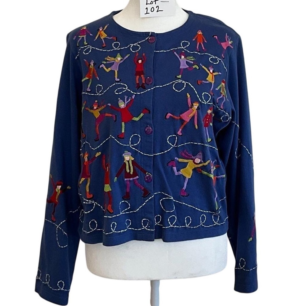 Michael Simon Lite‎ Blue Cotton Cardigan Ice Skaters Embroidered Novelty Medium